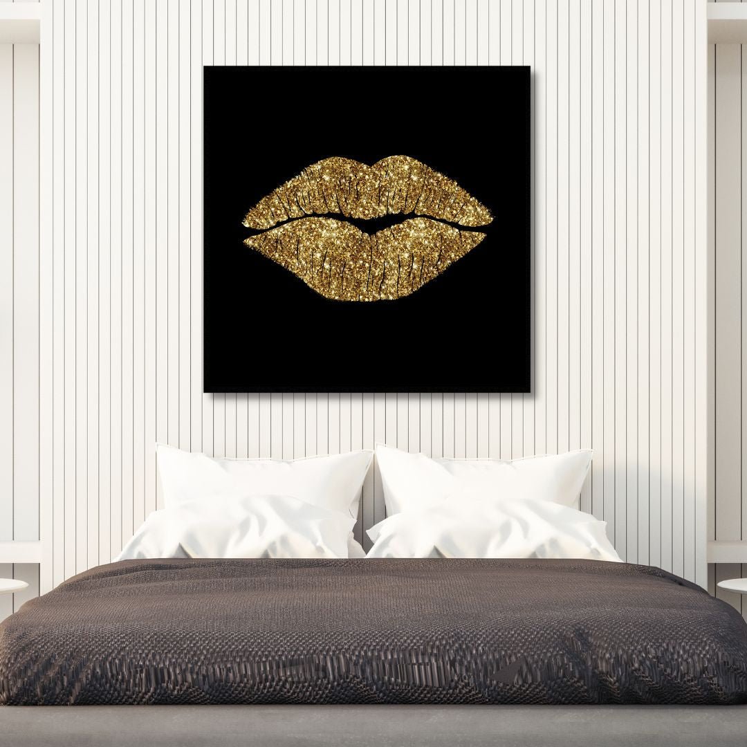 Golden Lips Canvas Wall Art - Designity Art