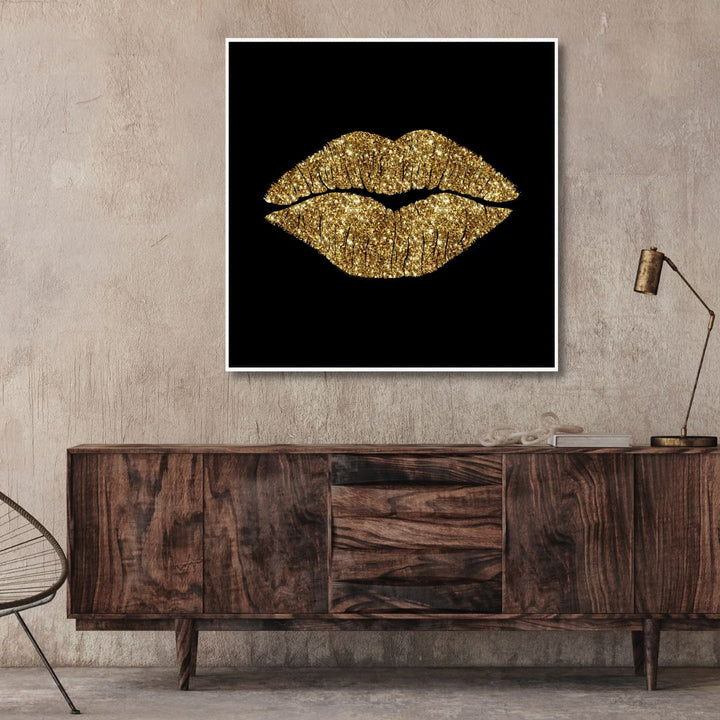 Golden Lips Canvas Wall Art - Designity Art