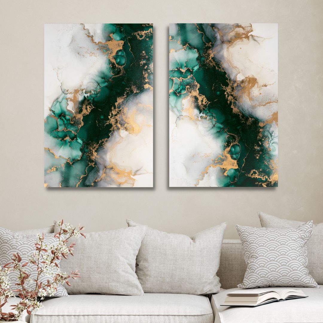 Green and Gold Abstract Fluid Canvas Art - Designity Art