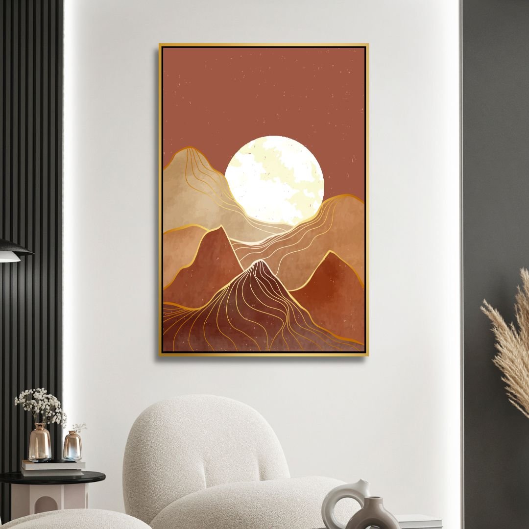 Mid Century Mountains, Moon and Sun Landscape Abstract Art - Designity Art