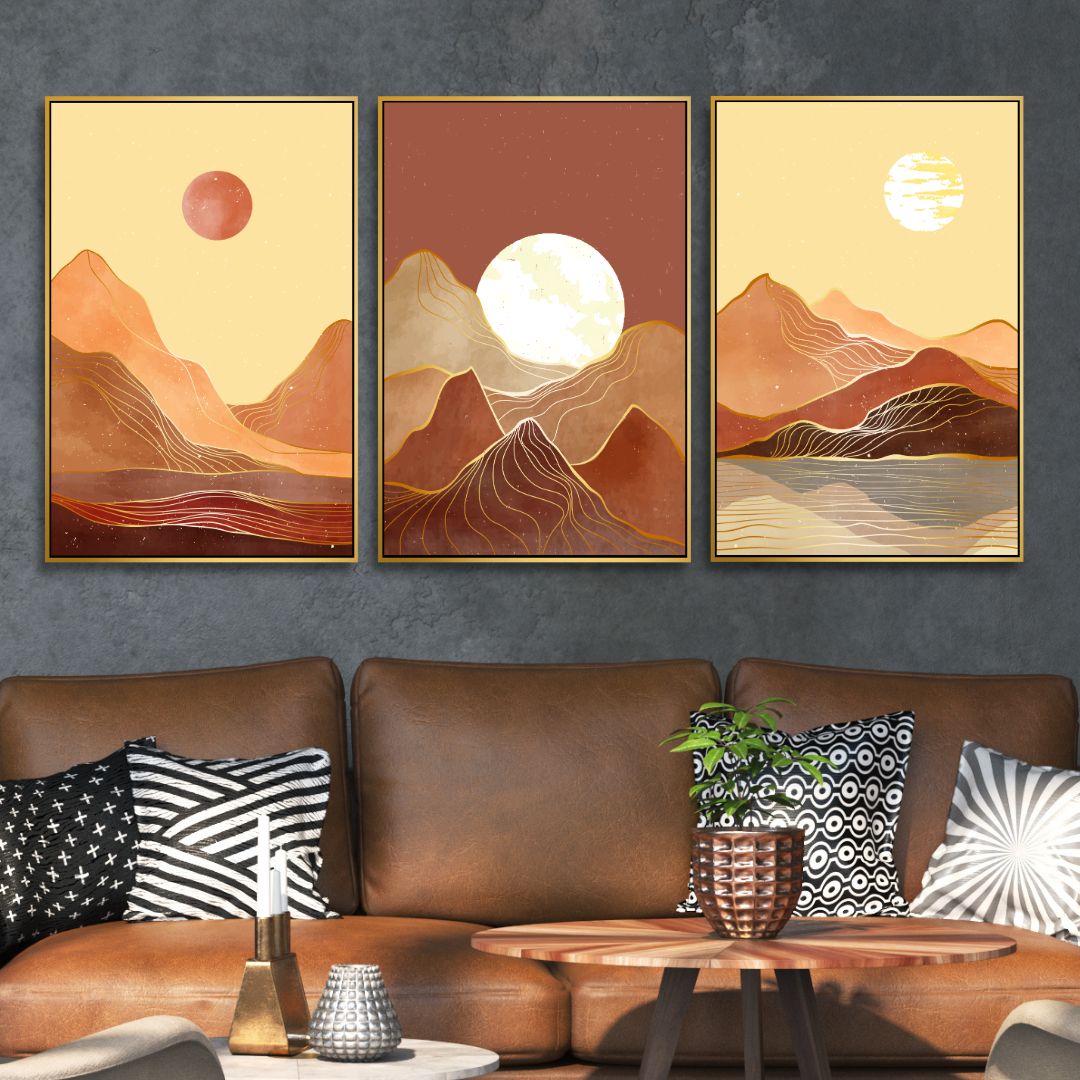 Mid Century Mountains, Moon and Sun Landscape Abstract Art - Designity Art