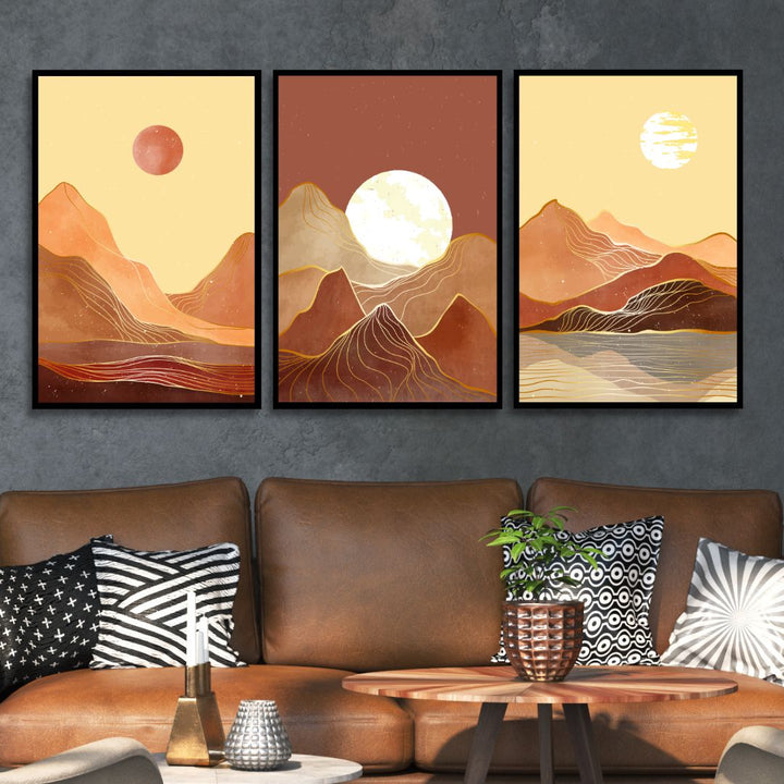 Mid Century Mountains, Moon and Sun Landscape Abstract Art - Designity Art