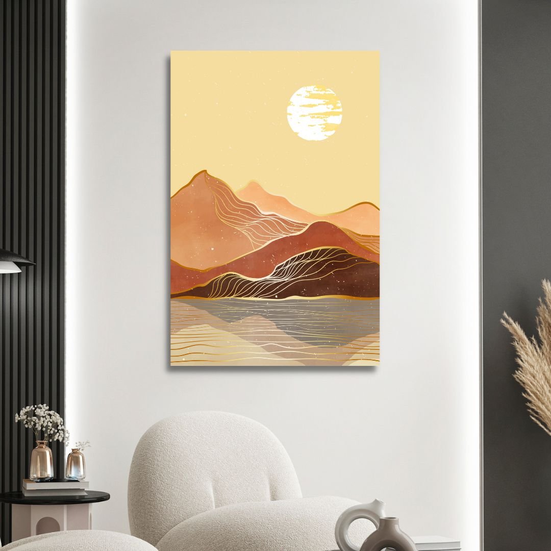 Mid Century Mountains, Moon and Sun Landscape Abstract Art - Designity Art