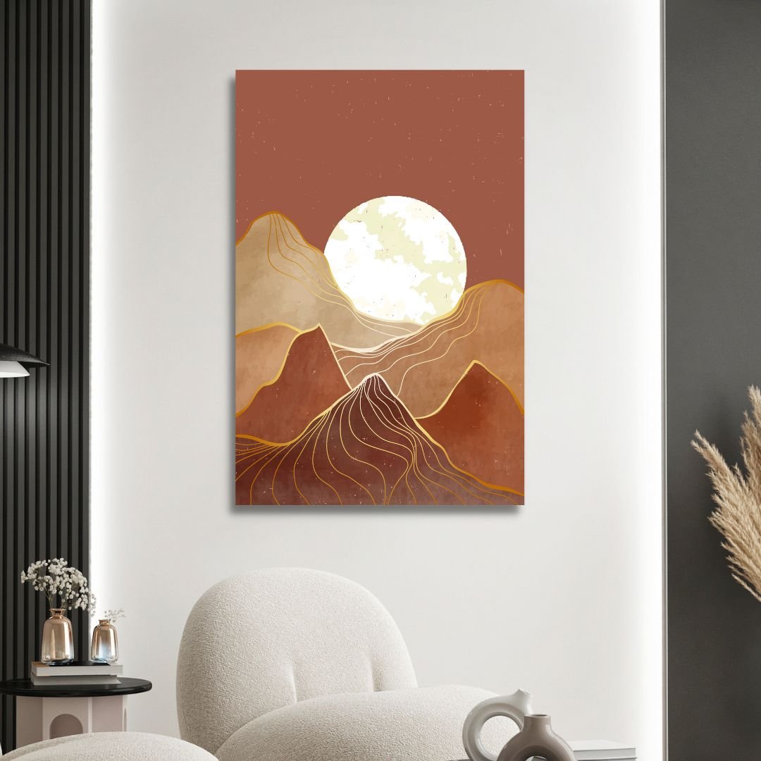 Mid Century Mountains, Moon and Sun Landscape Abstract Art - Designity Art