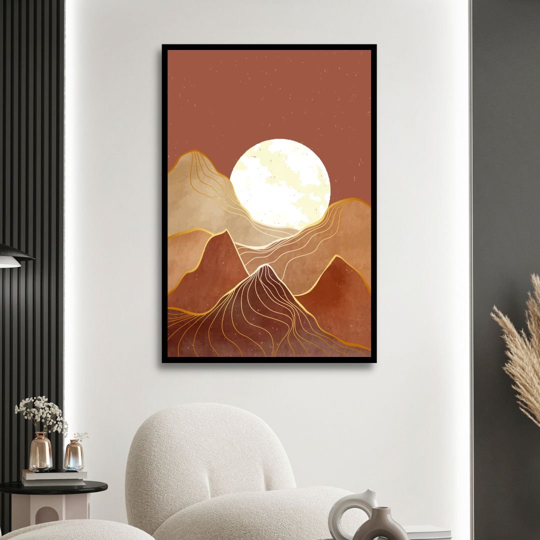 Mid Century Mountains, Moon and Sun Landscape Abstract Art - Designity Art