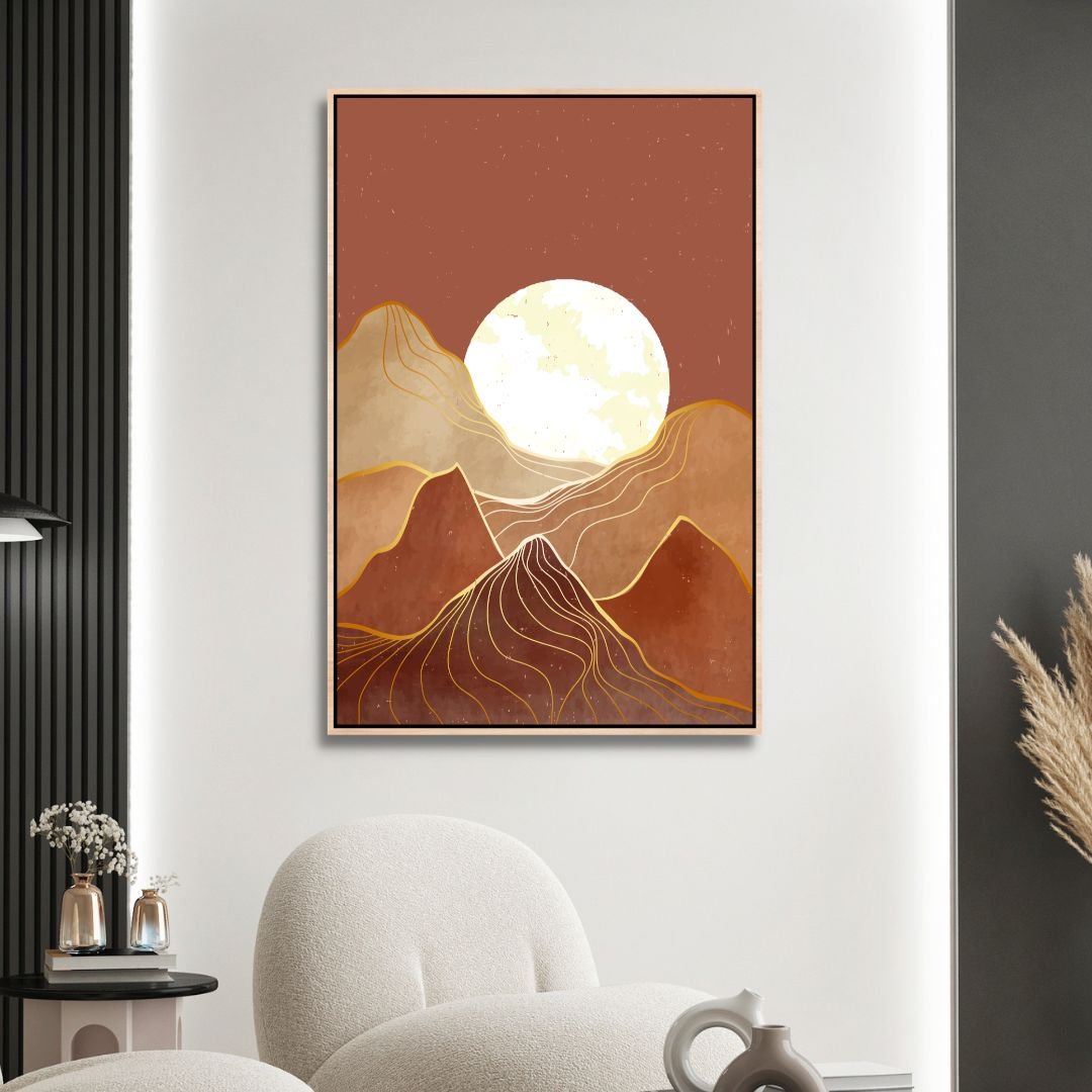 Mid Century Mountains, Moon and Sun Landscape Abstract Art - Designity Art