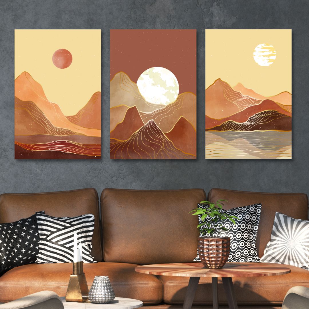 Mid Century Mountains, Moon and Sun Landscape Abstract Art - Designity Art