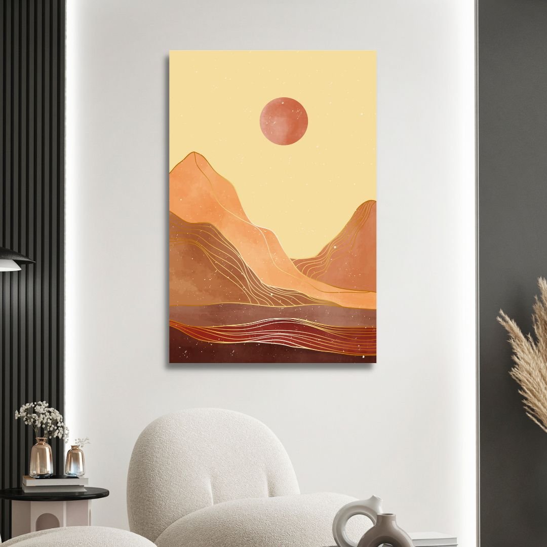 Mid Century Mountains, Moon and Sun Landscape Abstract Art - Designity Art