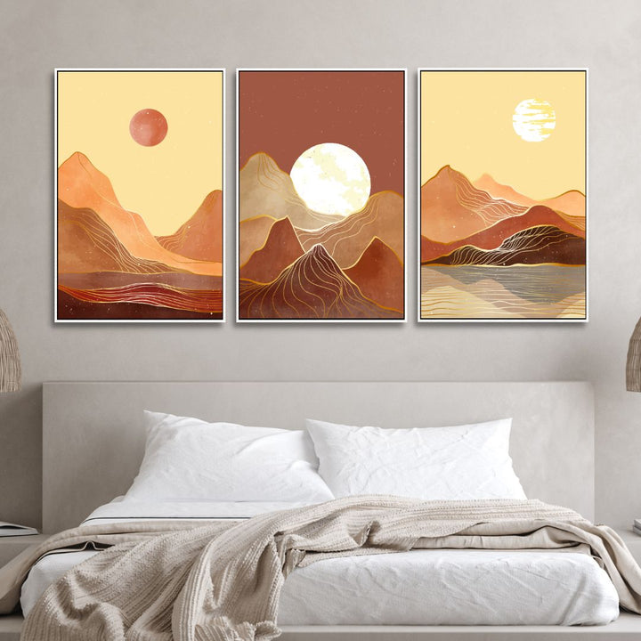 Mid Century Mountains, Moon and Sun Landscape Abstract Art - Designity Art