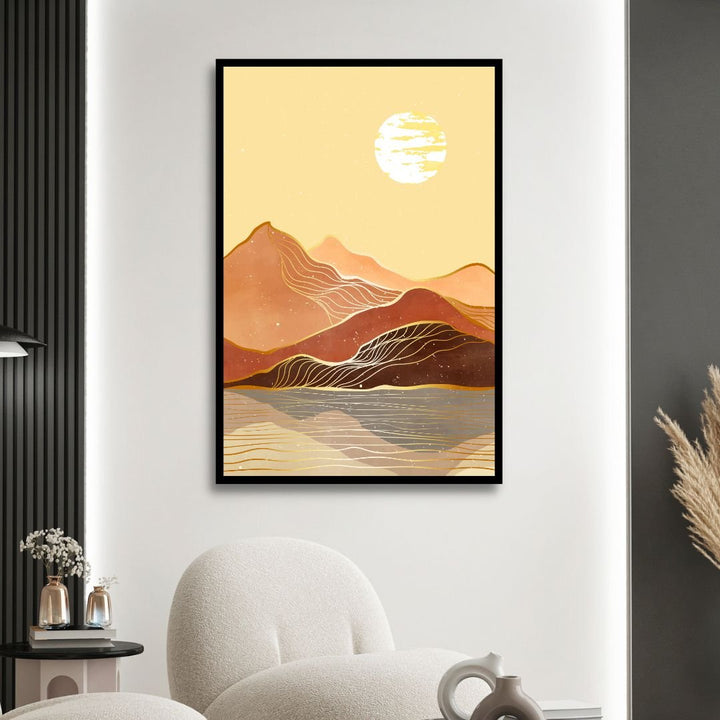 Mid Century Mountains, Moon and Sun Landscape Abstract Art - Designity Art