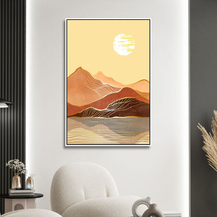 Mid Century Mountains, Moon and Sun Landscape Abstract Art - Designity Art