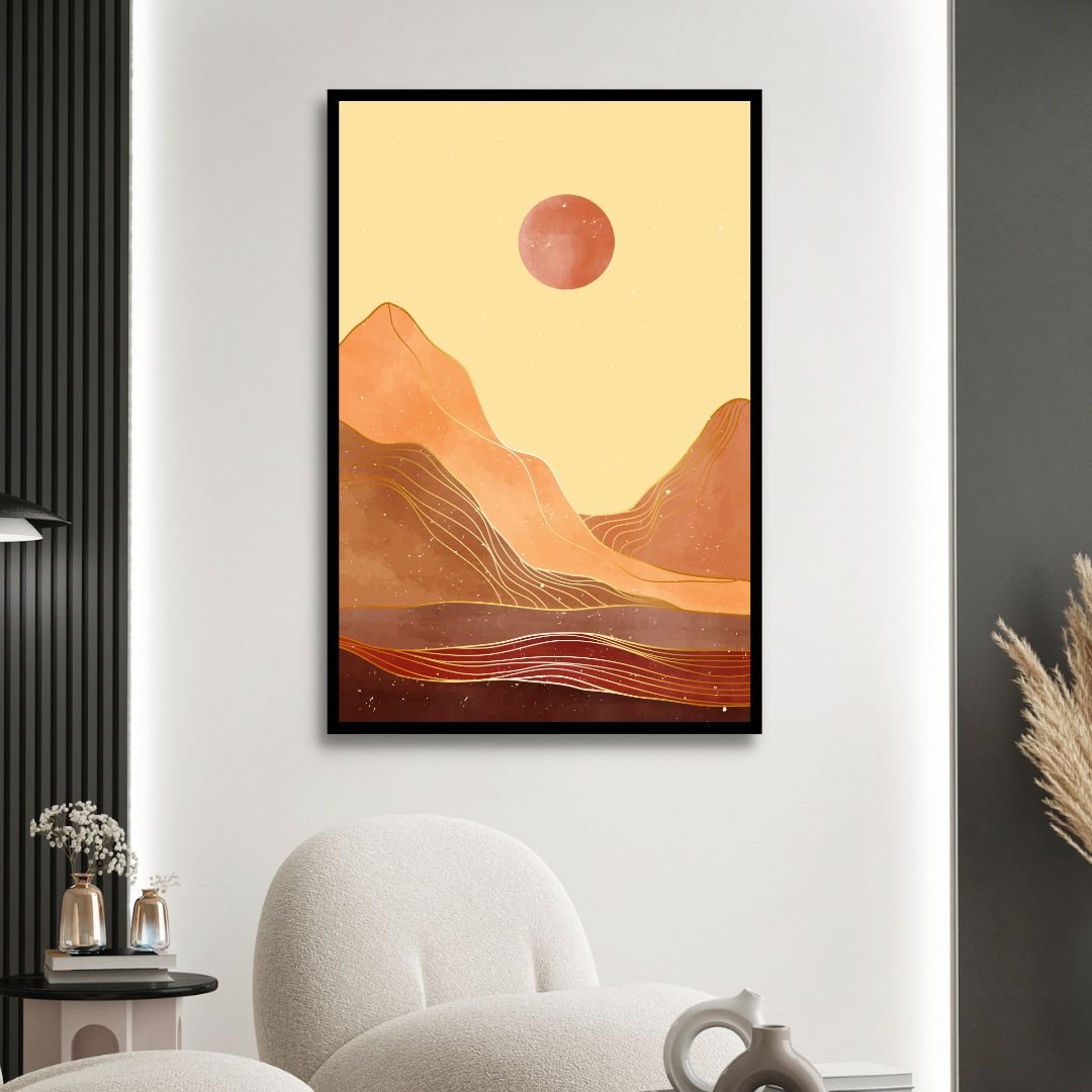 Mid Century Mountains, Moon and Sun Landscape Abstract Art - Designity Art