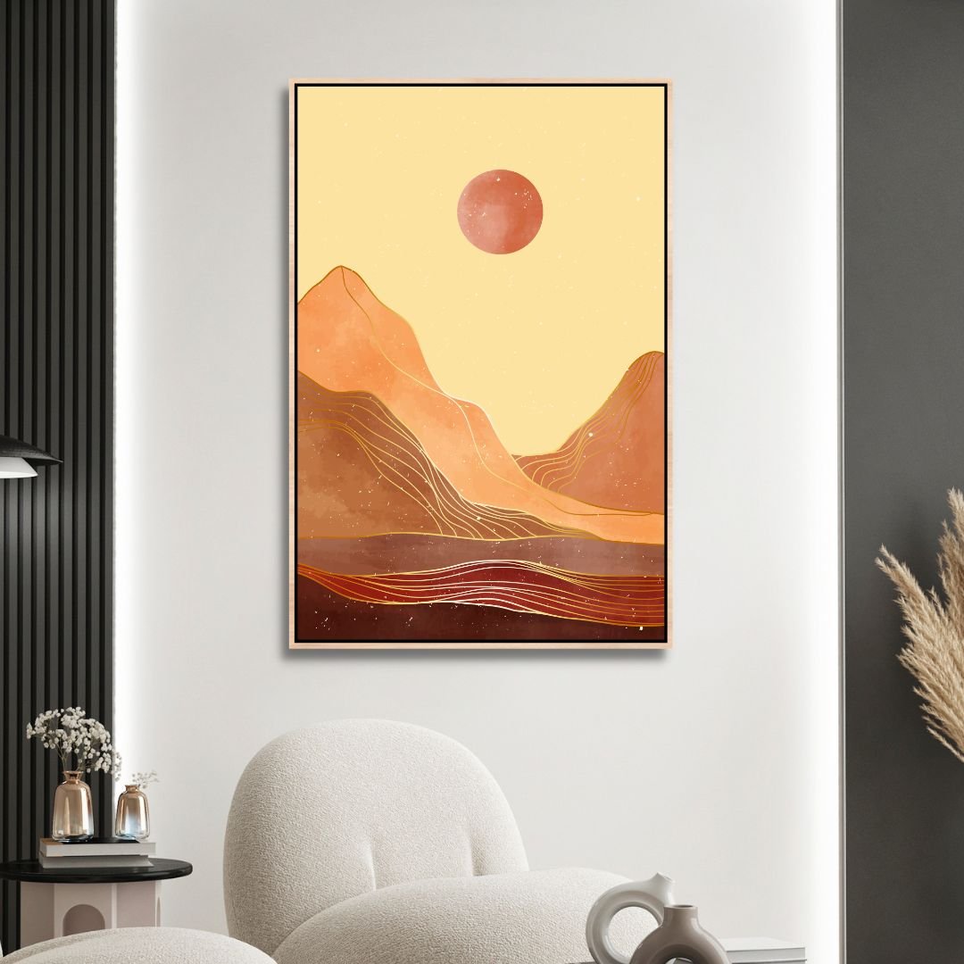 Mid Century Mountains, Moon and Sun Landscape Abstract Art - Designity Art