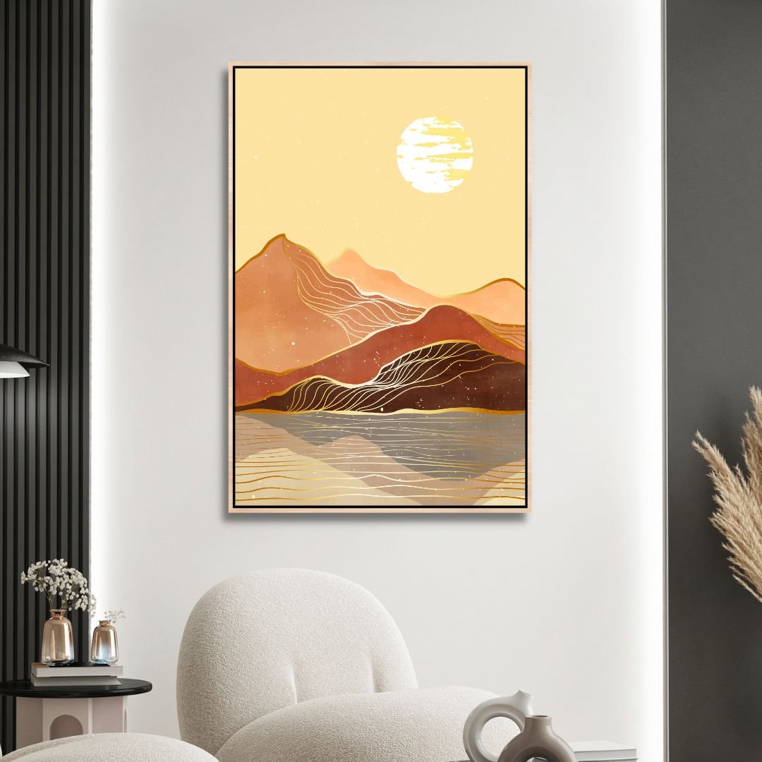 Mid Century Mountains, Moon and Sun Landscape Abstract Art - Designity Art