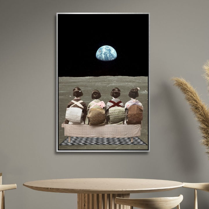 "Time Off" Retro Kids Looking at Earth Canvas Wall Art - Designity Art