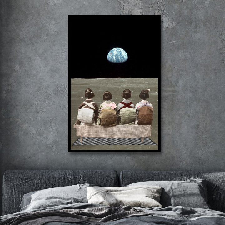 "Time Off" Retro Kids Looking at Earth Canvas Wall Art - Designity Art