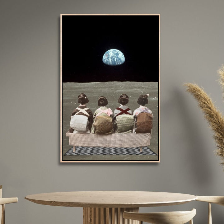 "Time Off" Retro Kids Looking at Earth Canvas Wall Art - Designity Art