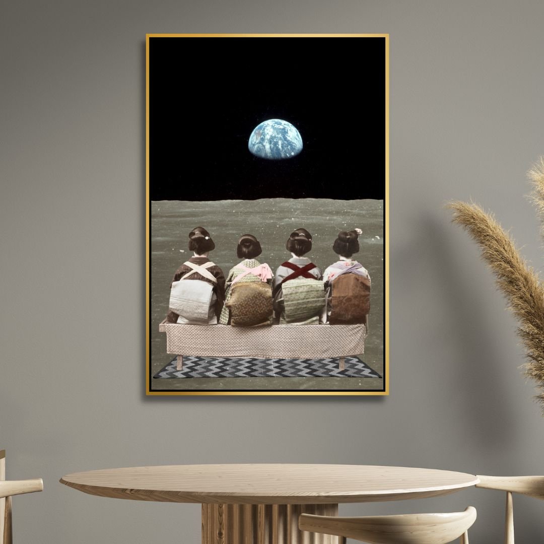 "Time Off" Retro Kids Looking at Earth Canvas Wall Art - Designity Art